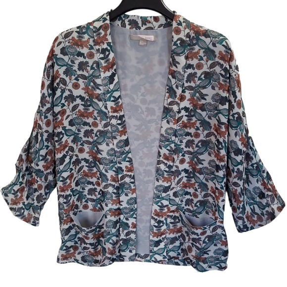 Jackets & Blazers - Womens Kimono Jacket Cardigan Medium Green Floral Blazer Light Chiffon Polyester